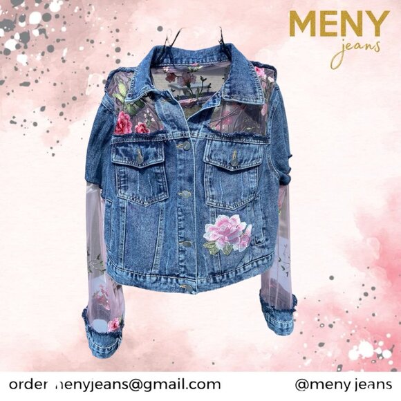 Custom Jean Jacket with Inlayed Embroidered Mesh Sz L NWT - Picture 9 of 14